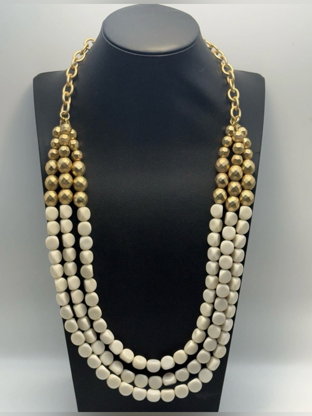 Vintage Plunder Triple Strand Cream & Gold Geometric Beaded Statement Necklace